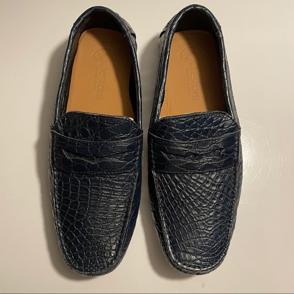a. testoni Rare Navy Blue Crocodile Penny Loafers - Picture 3 of 17